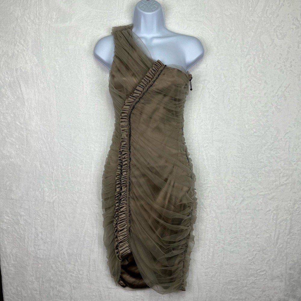 Thomas Wylde Ruched‎ One Shoulder Mini Dress Tan *Small Silk Blend